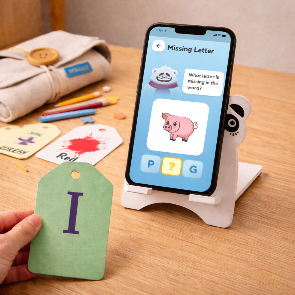 Todpoles flash card and app showing Missing Letter game on a desk with the Todpoles pouch