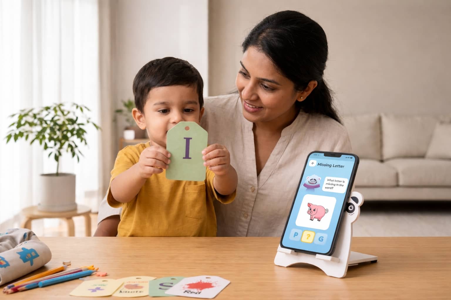 Indian mother and toddler son learning together with Todpoles flash cards and app