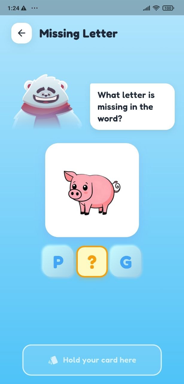 Todpoles app — interactive letter game on phone with flash card