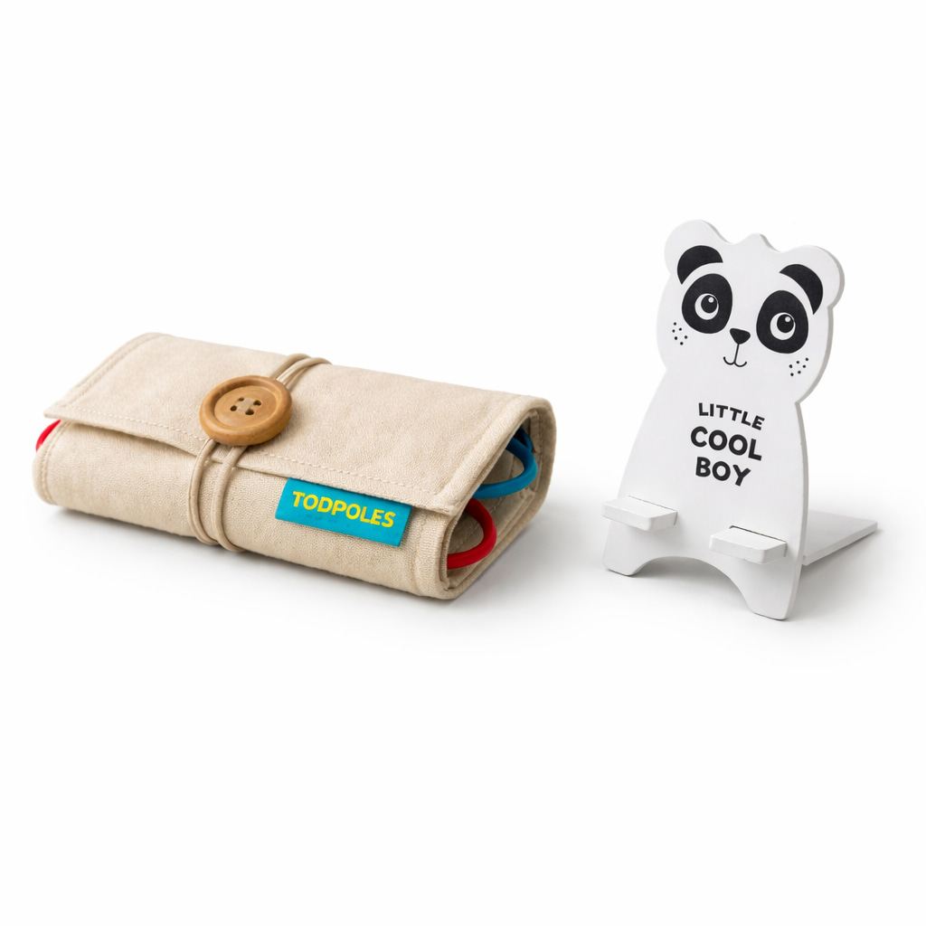 Todpoles flash card box — canvas pouch and panda phone stand included