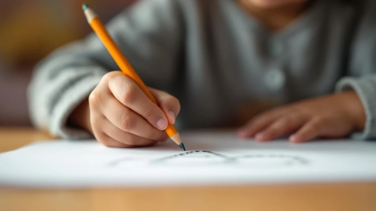 Child's hand tracing the letter A on a worksheet
