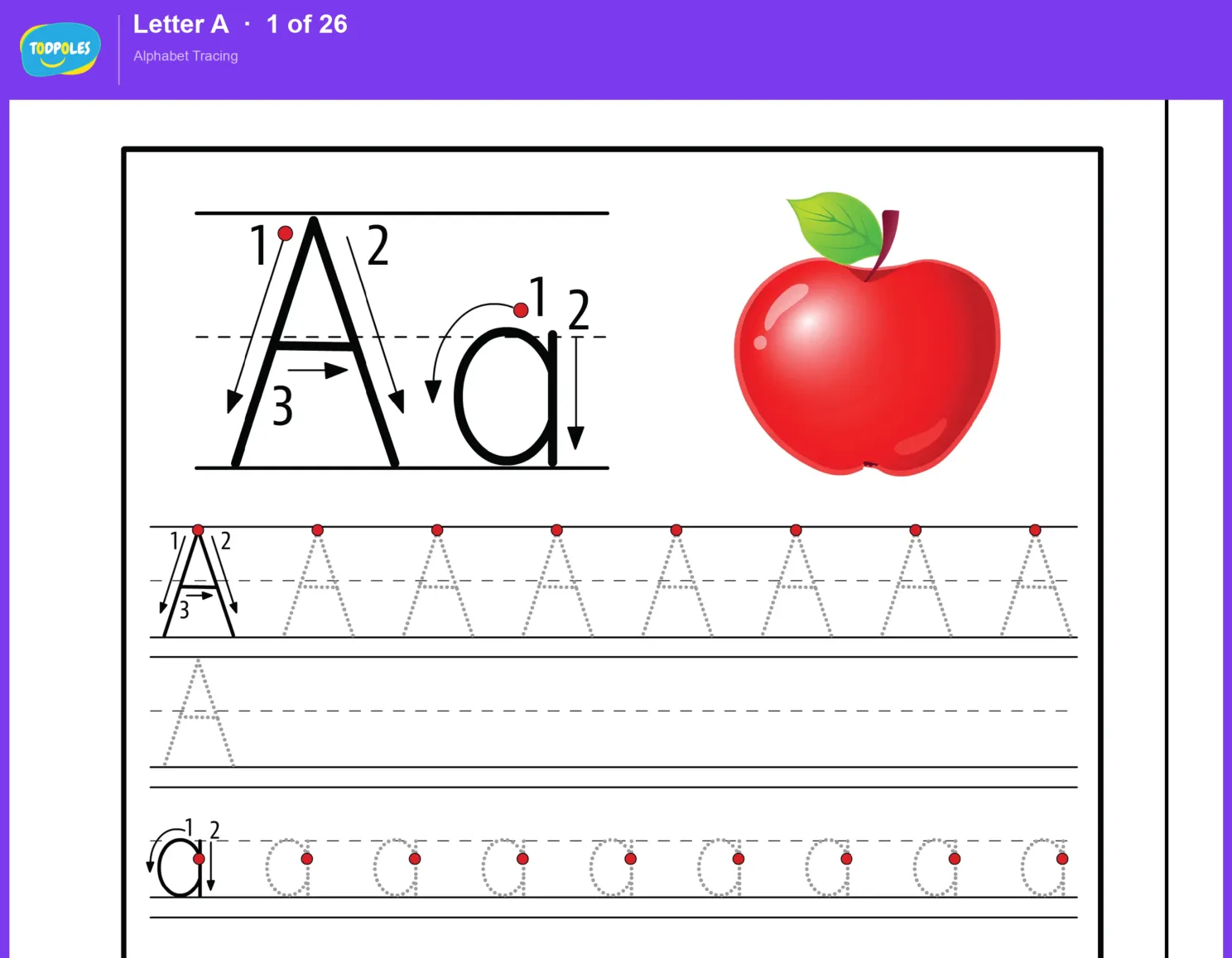 Letter A tracing worksheet preview