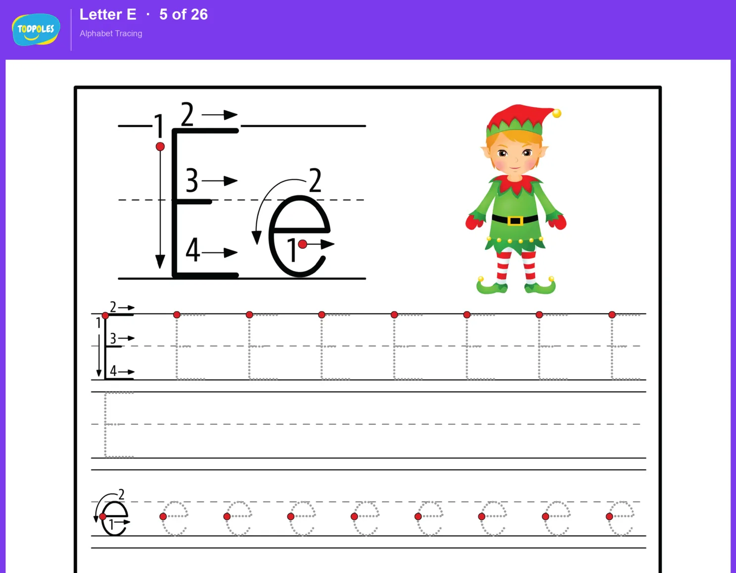 Letter E tracing worksheet preview