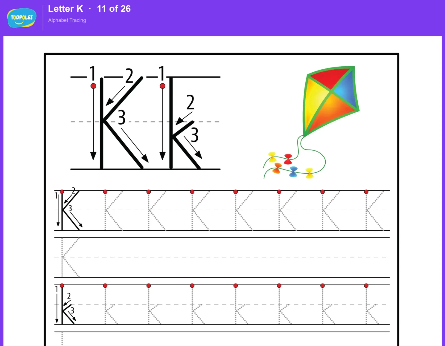 Letter K tracing worksheet preview