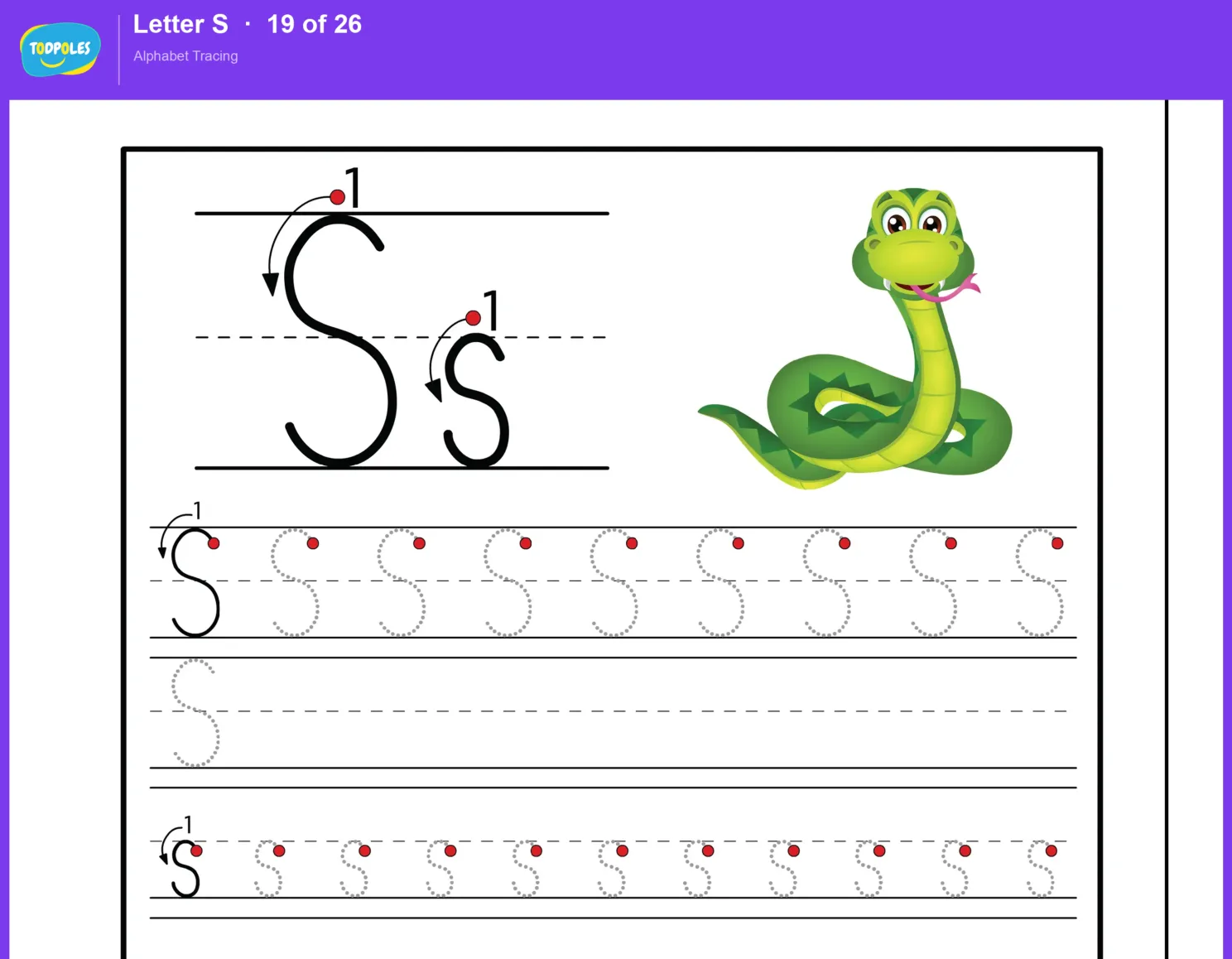Letter S tracing worksheet preview