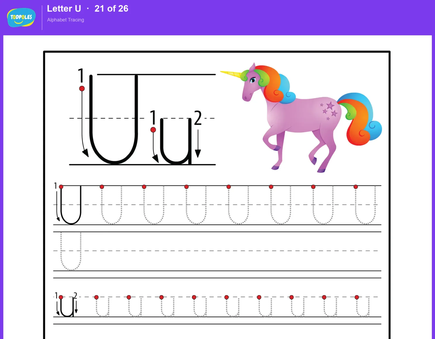 Letter U tracing worksheet preview