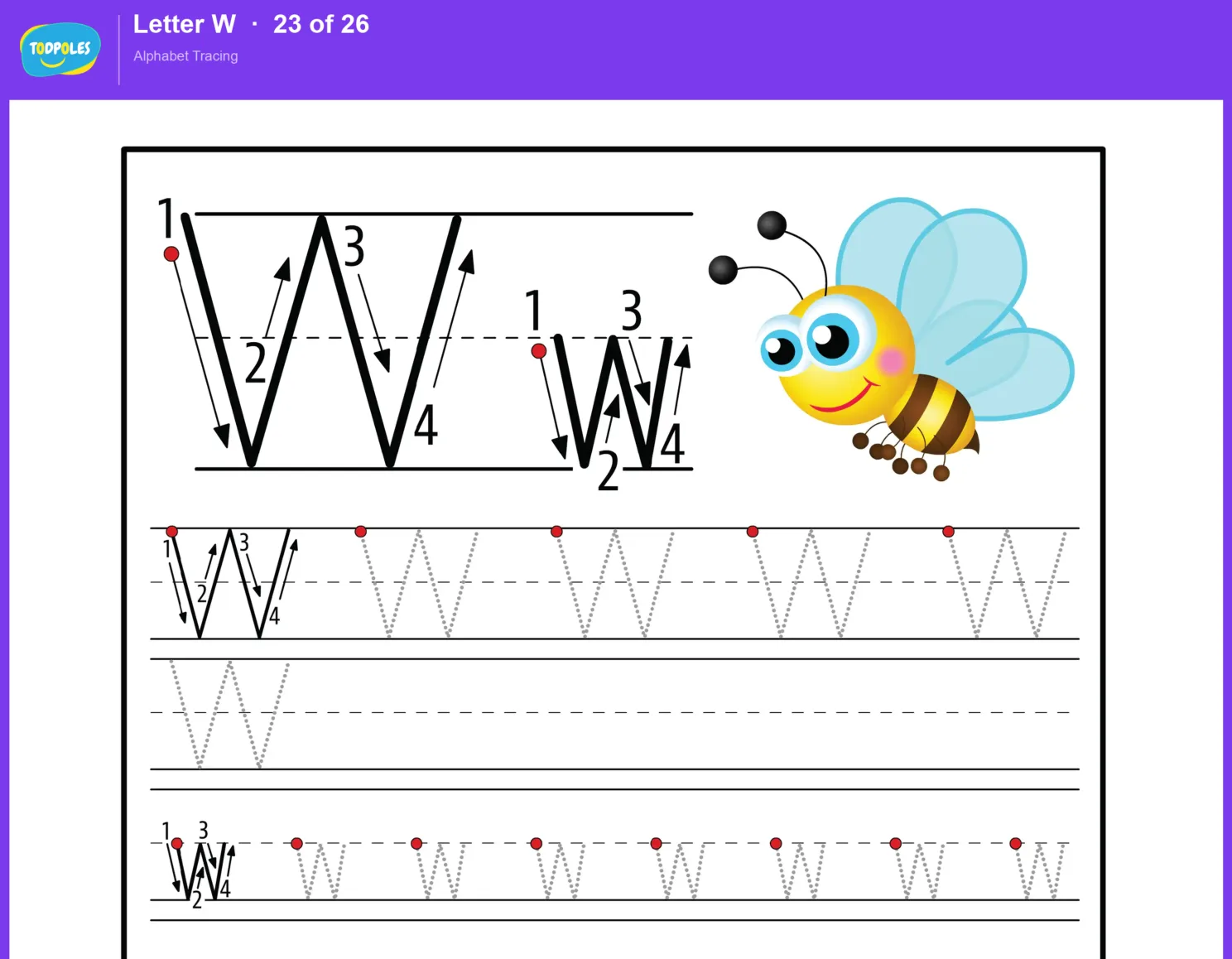 Letter W tracing worksheet preview