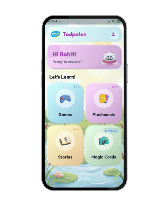 Todpoles app home screen — Games, Flashcards, Stories and Magic Cards