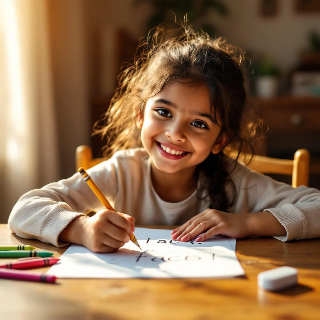 Indian child tracing letters on a worksheet with pencil